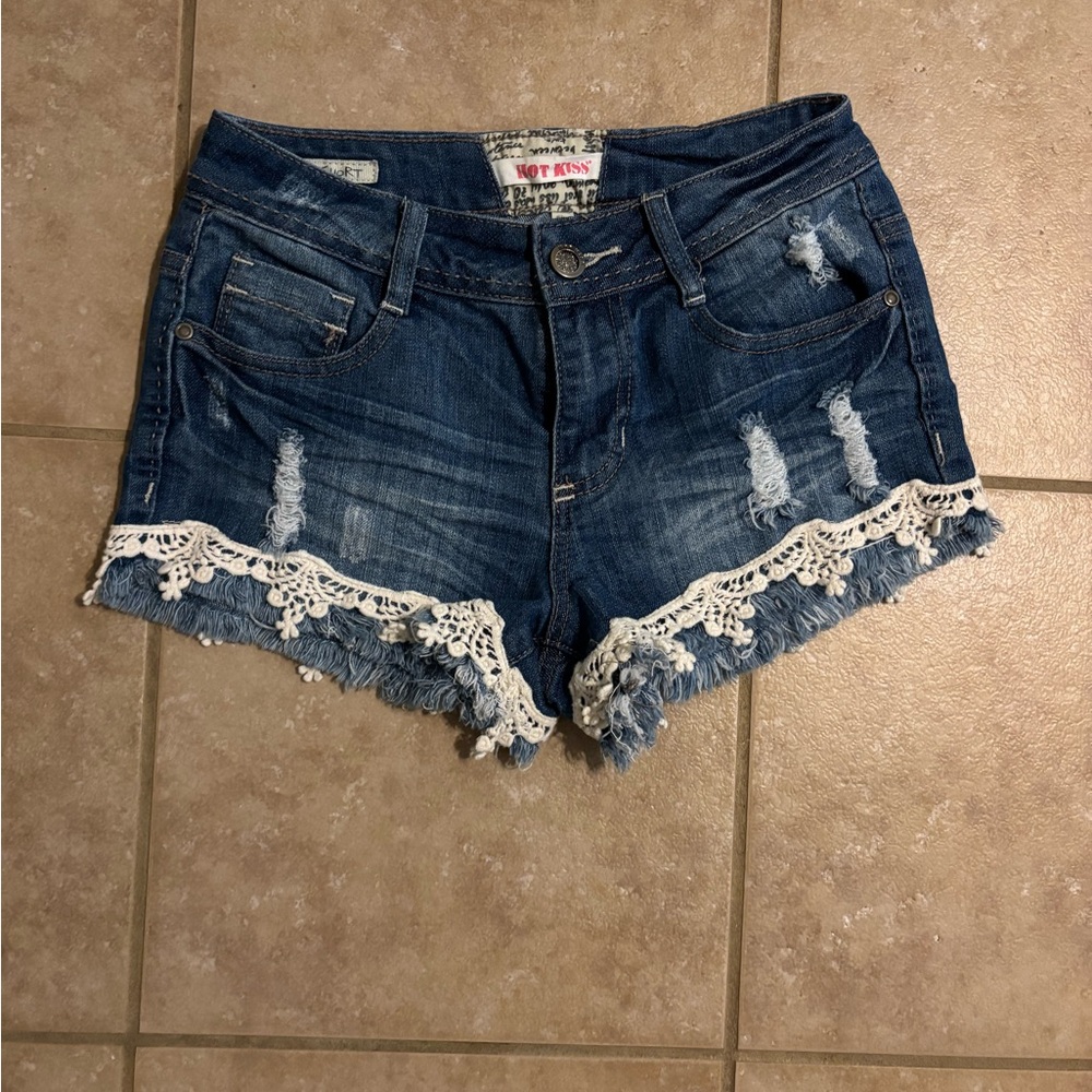 Hot Kiss Women's Distressed Blue Jean Shorts with Lace
